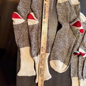 3 Pair Men's Brown Heather Crew Socks Red-Heel Large Sock Monkey 20" New No Tags